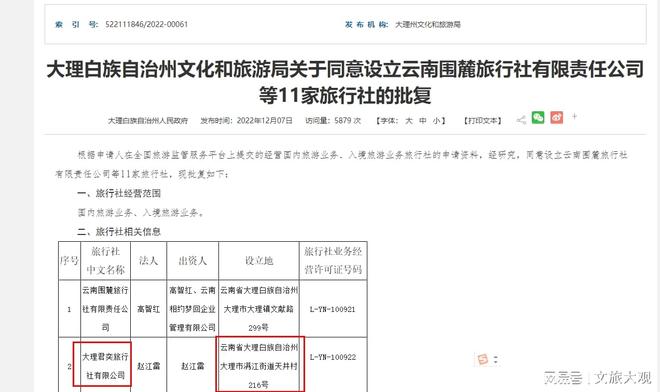 出借资质!大理大香格旅行社《旅行社业务经营许可证》被吊销